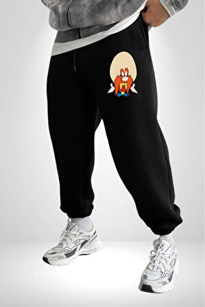 Looney Tunes Küfürbaz Haydo 3 İplik Erkek Baskılı Siyah Eşofman Altı