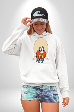 Looney Tunes Küfürbaz Haydo Kadın Erkek  Beyaz Kapüşonlu Sweatshirt Hoodie
