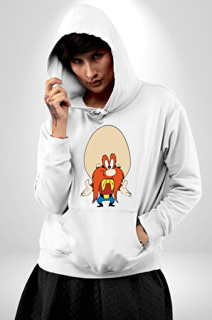 Looney Tunes Küfürbaz Haydo Kadın Erkek  Beyaz Kapüşonlu Sweatshirt Hoodie