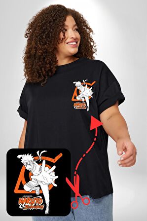 Naruto Shippuden Gizli İşareti Siyah Büyük Beden Kadın Basic Minimal Baskılı Tişört