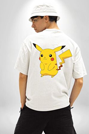 Pokemon Beyaz Oversize Kadın Erkek Ön ve Sırt Baskılı Tişört