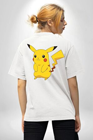 Pokemon Beyaz Oversize Kadın Erkek Ön ve Sırt Baskılı Tişört