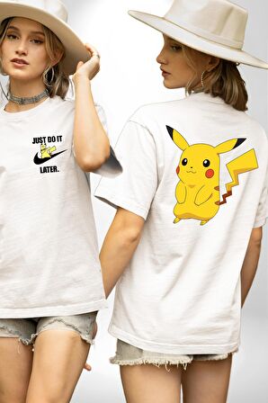 Pokemon Beyaz Oversize Kadın Erkek Ön ve Sırt Baskılı Tişört
