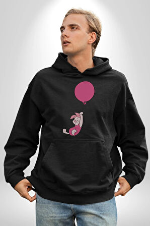 Piklet Balon Kadın Erkek  Siyah Kapüşonlu Sweatshirt Hoodie