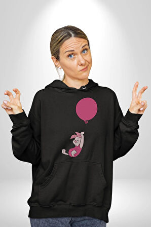 Piklet Balon Kadın Erkek  Siyah Kapüşonlu Sweatshirt Hoodie