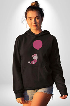 Piklet Balon Kadın Erkek  Siyah Kapüşonlu Sweatshirt Hoodie