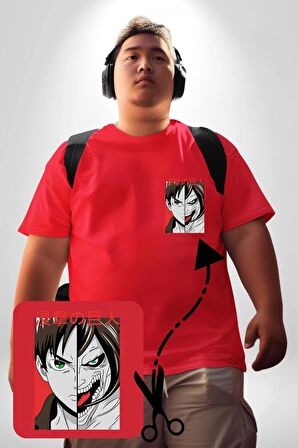 Anime Titan Saldırısı  Kırmızı Büyük Beden Kadın Basic Minimal Baskılı Tişört