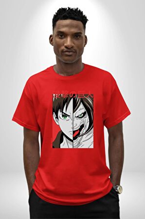 Anime Titan Saldırısı  Pamuklu Bisiklet Yaka Kadın Erkek Oversize Boyfriend Dijital Baskılı Kırmızı T-shirt