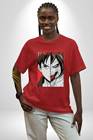 Anime Titan Saldırısı  Pamuklu Bisiklet Yaka Kadın Erkek Oversize Boyfriend Dijital Baskılı Kırmızı T-shirt
