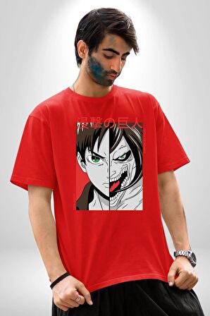 Anime Titan Saldırısı  Pamuklu Bisiklet Yaka Kadın Erkek Oversize Boyfriend Dijital Baskılı Kırmızı T-shirt