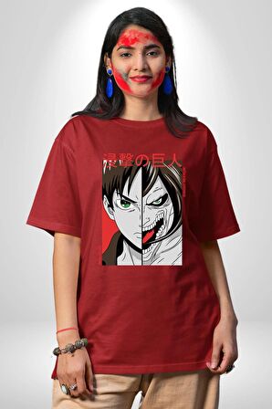 Anime Titan Saldırısı  Pamuklu Bisiklet Yaka Kadın Erkek Oversize Boyfriend Dijital Baskılı Kırmızı T-shirt