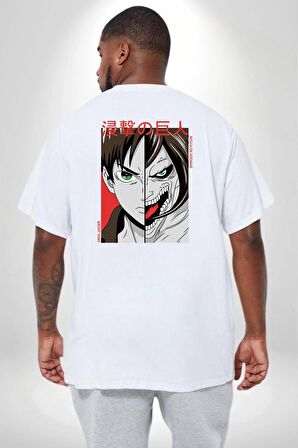 Anime Titan Saldırısı  Büyük Beden Beyaz Tişört Kadın Erkek Ünisex Sırt Baskılı
