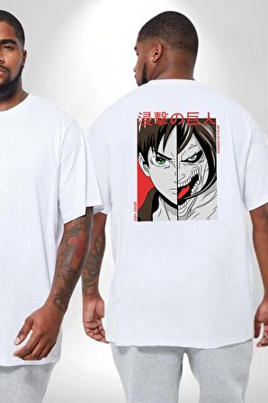 Anime Titan Saldırısı  Büyük Beden Beyaz Tişört Kadın Erkek Ünisex Sırt Baskılı