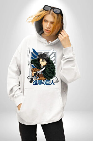 Anime Levi Ackerman Beyaz Ve Beyaz Kanatlar Kadın Erkek  Beyaz Kapüşonlu Sweatshirt Hoodie