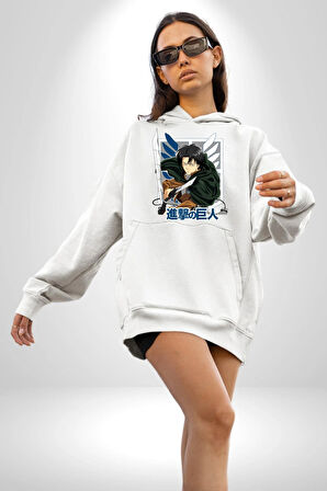Anime Levi Ackerman Beyaz Ve Beyaz Kanatlar Kadın Erkek  Beyaz Kapüşonlu Sweatshirt Hoodie
