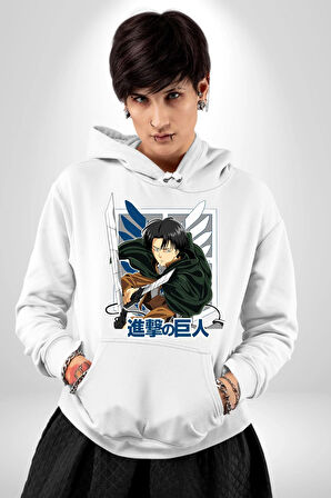 Anime Levi Ackerman Beyaz Ve Beyaz Kanatlar Kadın Erkek  Beyaz Kapüşonlu Sweatshirt Hoodie