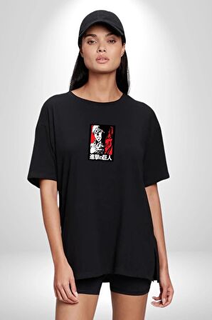 Anime Manga Style Attack On Titan Siyah Oversize Kadın Erkek Ön Orta Minimal Baskılı Tişört