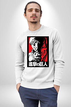 Anime Manga Style Attack On Titan Kadın Erkek Beyaz Sweatshirt 