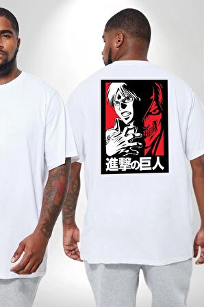 Anime Manga Style Attack On Titan Büyük Beden Beyaz Tişört Kadın Erkek Ünisex Sırt Baskılı