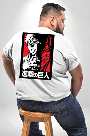Anime Manga Style Attack On Titan Büyük Beden Beyaz Tişört Kadın Erkek Ünisex Sırt Baskılı