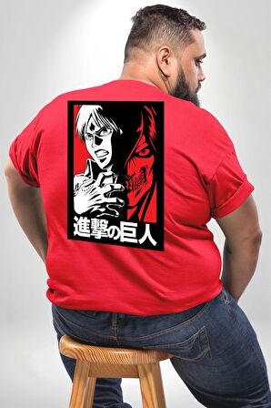 Anime Manga Style Attack On Titan Büyük Beden Kırmızı Tişört Kadın Erkek Ünisex Sırt Baskılı
