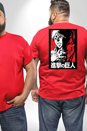Anime Manga Style Attack On Titan Büyük Beden Kırmızı Tişört Kadın Erkek Ünisex Sırt Baskılı