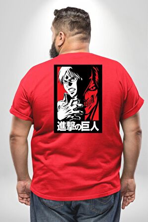 Anime Manga Style Attack On Titan Büyük Beden Kırmızı Tişört Kadın Erkek Ünisex Sırt Baskılı