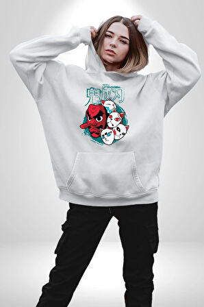 Japon Anime Tengu Maske  Kadın Erkek  Beyaz Kapüşonlu Sweatshirt Hoodie