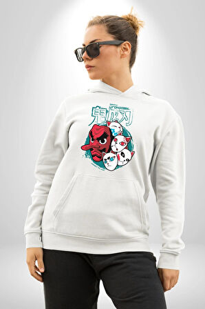 Japon Anime Tengu Maske  Kadın Erkek  Beyaz Kapüşonlu Sweatshirt Hoodie