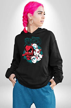 Japon Anime Tengu Maske  Kadın Erkek  Siyah Kapüşonlu Sweatshirt Hoodie