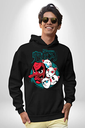 Japon Anime Tengu Maske  Kadın Erkek  Siyah Kapüşonlu Sweatshirt Hoodie