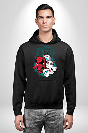 Japon Anime Tengu Maske  Kadın Erkek  Siyah Kapüşonlu Sweatshirt Hoodie