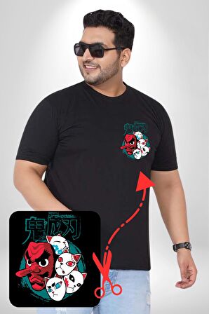 Japon Anime Tengu Maske  Siyah Büyük Beden Kadın Basic Minimal Baskılı Tişört
