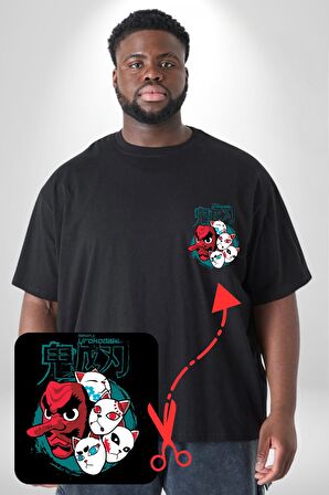 Japon Anime Tengu Maske  Siyah Büyük Beden Kadın Basic Minimal Baskılı Tişört