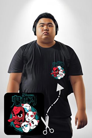 Japon Anime Tengu Maske  Siyah Büyük Beden Kadın Basic Minimal Baskılı Tişört