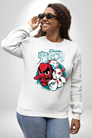 Japon Anime Tengu Maske  Kadın Erkek Beyaz Sweatshirt 