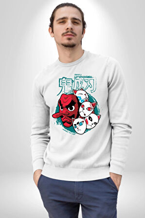 Japon Anime Tengu Maske  Kadın Erkek Beyaz Sweatshirt 