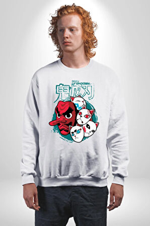Japon Anime Tengu Maske  Kadın Erkek Beyaz Sweatshirt 