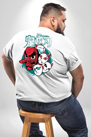 Japon Anime Tengu Maske  Büyük Beden Beyaz Tişört Kadın Erkek Ünisex Sırt Baskılı