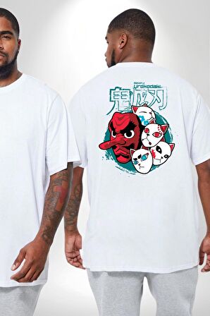 Japon Anime Tengu Maske  Büyük Beden Beyaz Tişört Kadın Erkek Ünisex Sırt Baskılı