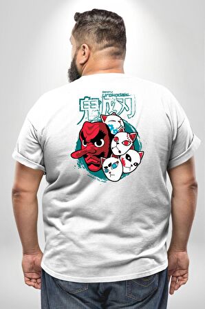 Japon Anime Tengu Maske  Büyük Beden Beyaz Tişört Kadın Erkek Ünisex Sırt Baskılı