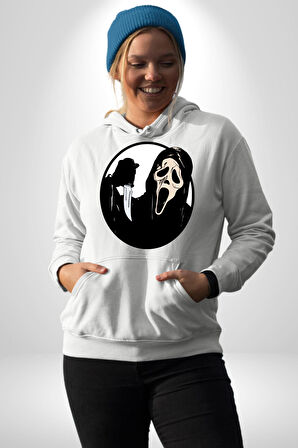 Korku Filmi Çığlık Kadın Erkek  Beyaz Kapüşonlu Sweatshirt Hoodie