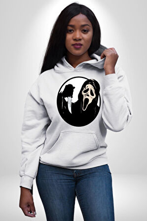 Korku Filmi Çığlık Kadın Erkek  Beyaz Kapüşonlu Sweatshirt Hoodie