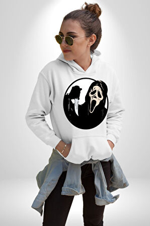 Korku Filmi Çığlık Kadın Erkek  Beyaz Kapüşonlu Sweatshirt Hoodie