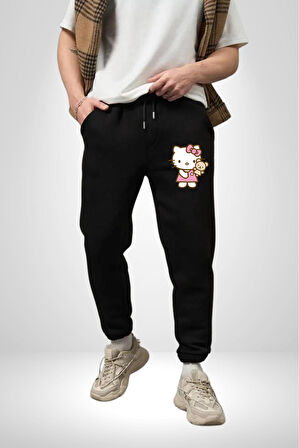 Hello Kitty 3 İplik Erkek Baskılı Siyah Eşofman Altı