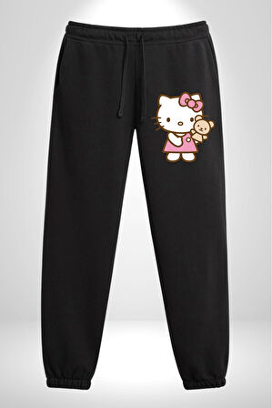 Hello Kitty 3 İplik Erkek Baskılı Siyah Eşofman Altı
