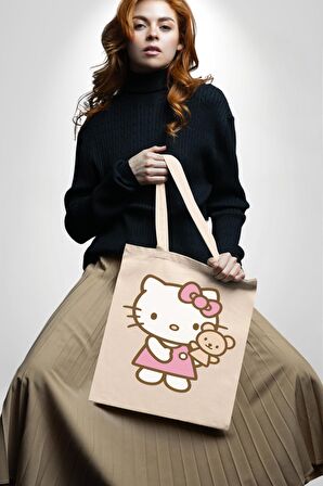 Hello Kitty 35X40 Kadın Erkek Çocuk Ekru Ham Bez Çanta