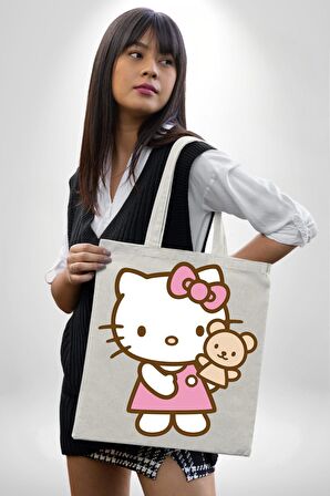 Hello Kitty 35X40 Kadın Erkek Çocuk Ekru Ham Bez Çanta