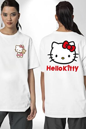 Hello Kitty Beyaz Oversize Kadın Erkek Ön ve Sırt Baskılı Tişört
