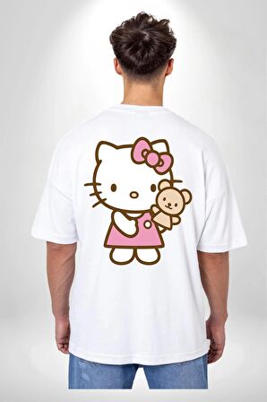 Hello Kitty Beyaz Oversize Kadın Erkek Ön ve Sırt Baskılı Tişört